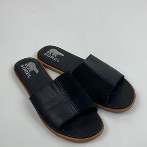 Sorel Black Leather Suede Slide Flat Sandals Size 9 Slip on Open toe Like New